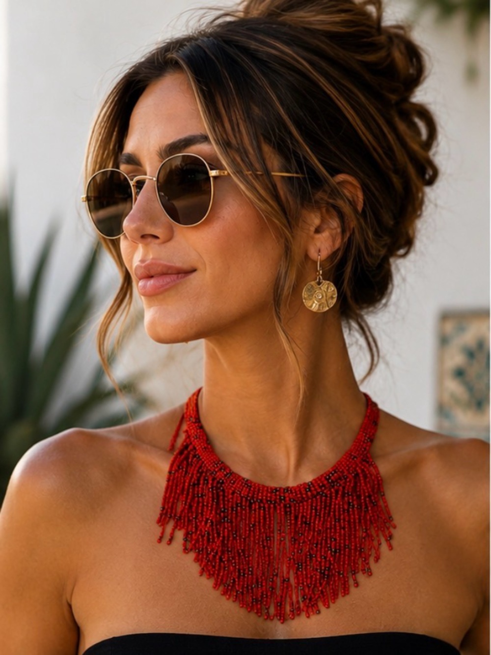 Boho Red Seed Bead Fringe Statement Necklace Tribal Festival Adjustable Bib